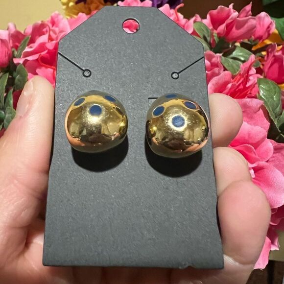 VINTAGE GOLD WITH BLUE CIRLE ENAMEL EARRINGS JS - Picture 2 of 3